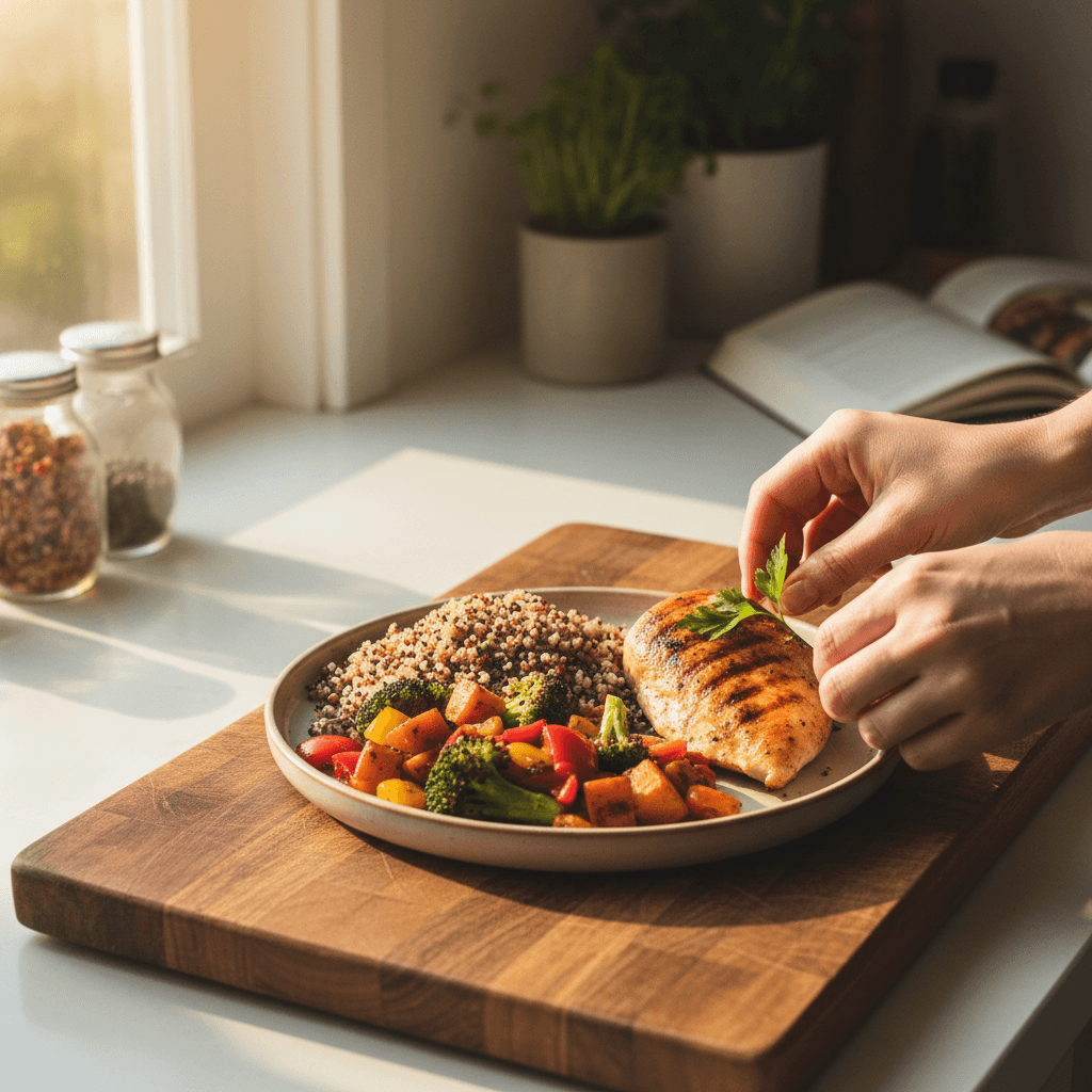Preparación de comida equilibrada con pollo, quinoa y vegetales frescos