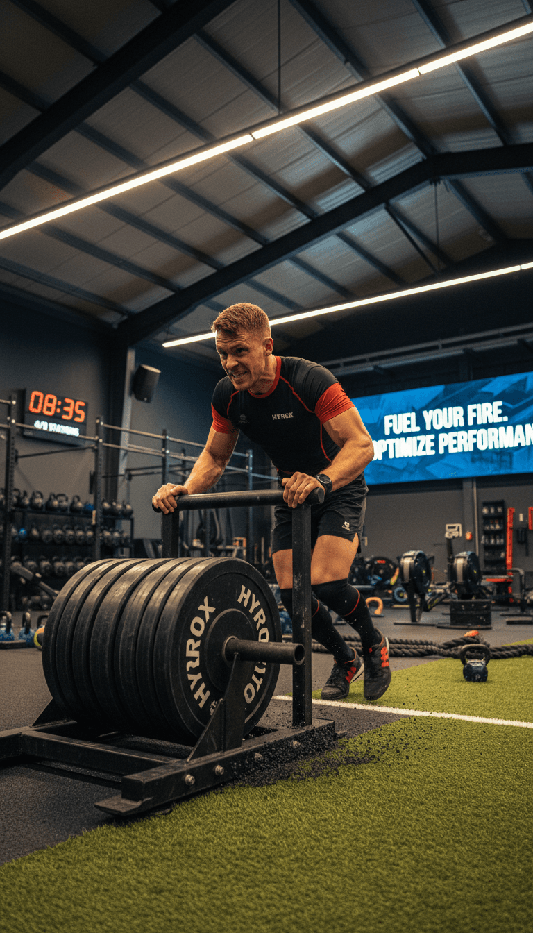 Hyrox athlete pushing a sled in a gym, showcasing endurance and strength