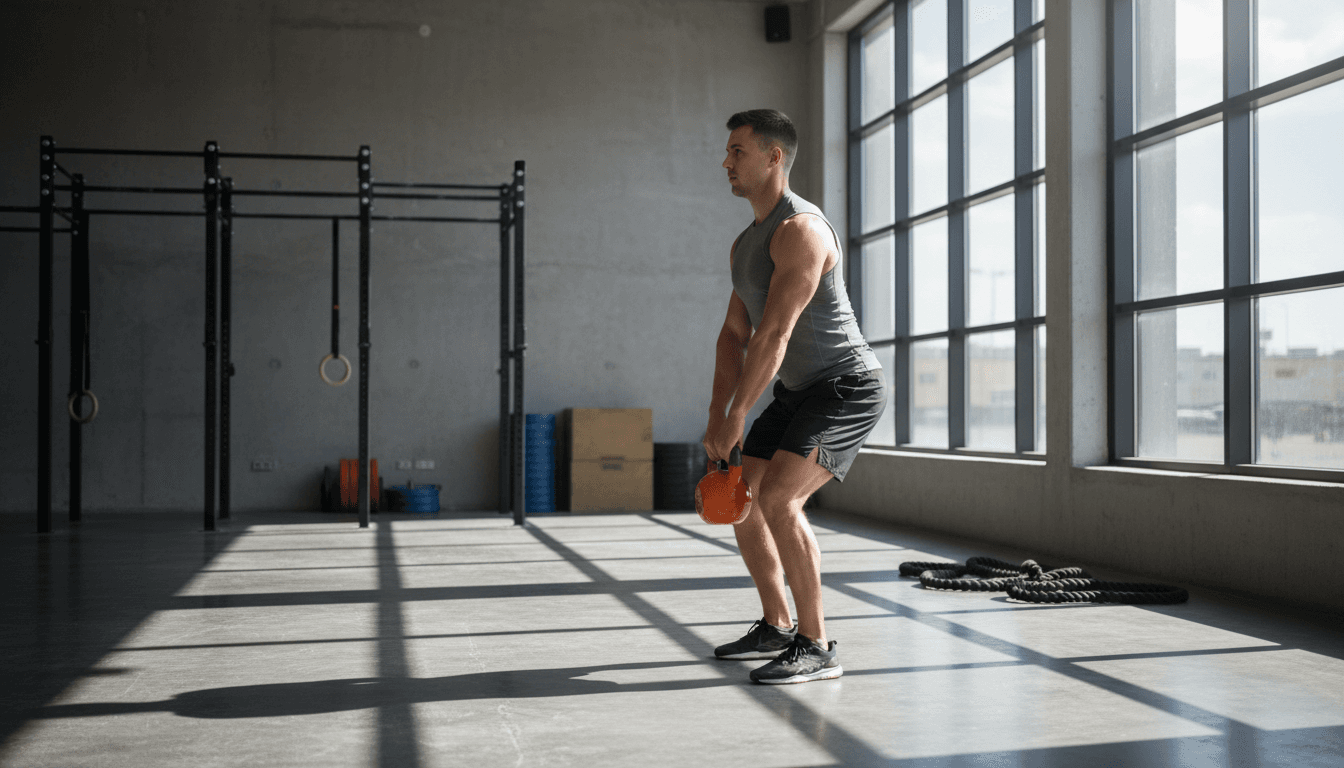 Atleta de CrossFit realizando ejercicio con kettlebell en gimnasio