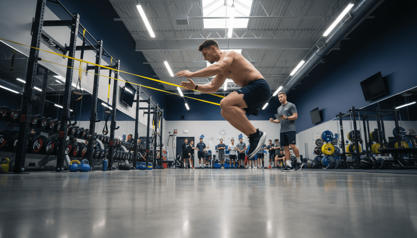 Athlete performing explosive lateral movements with resistance bands in modern training facility while coach observes