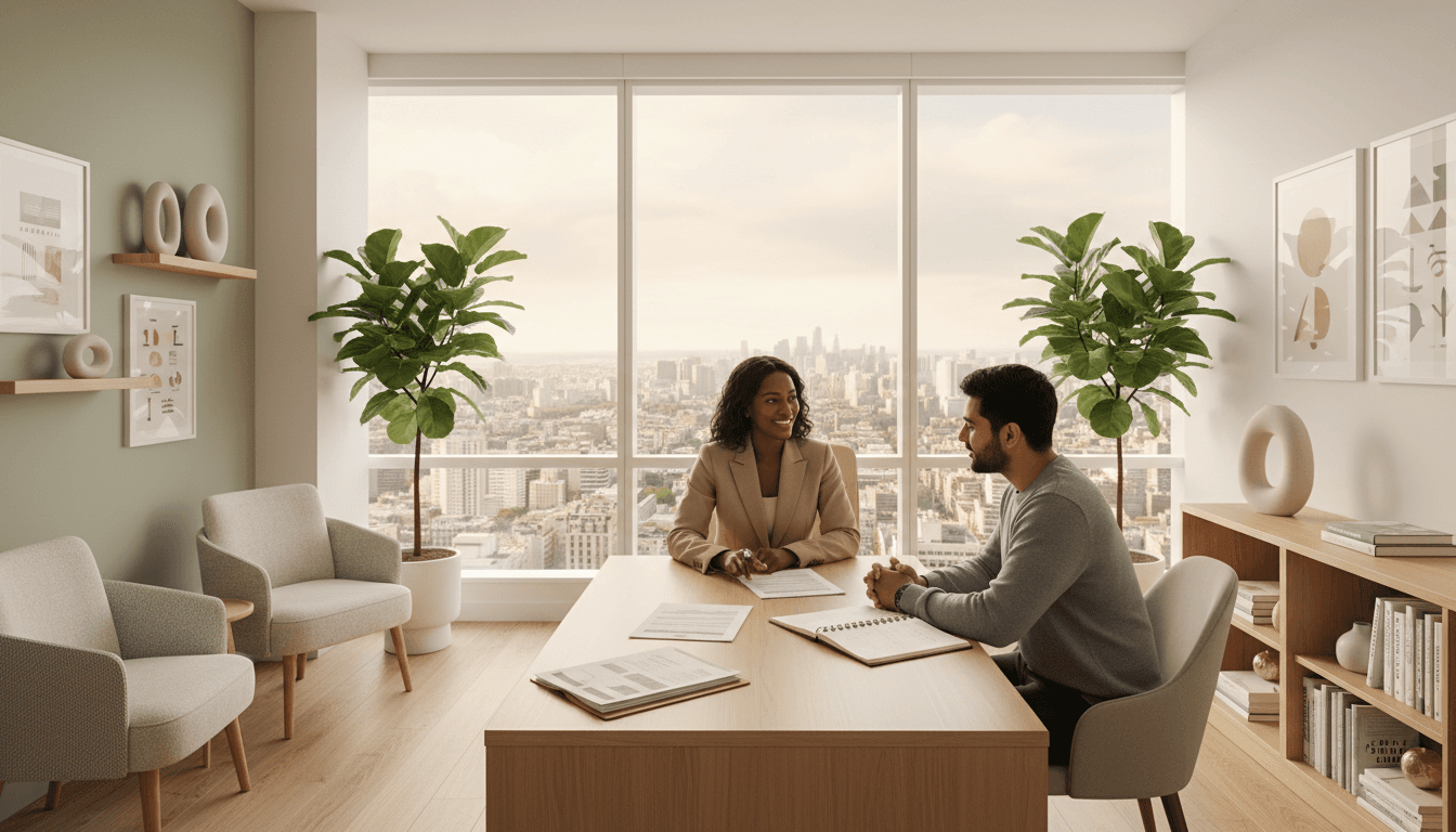 Atleta en consulta de nutrición deportiva con especialista revisando plan personalizado