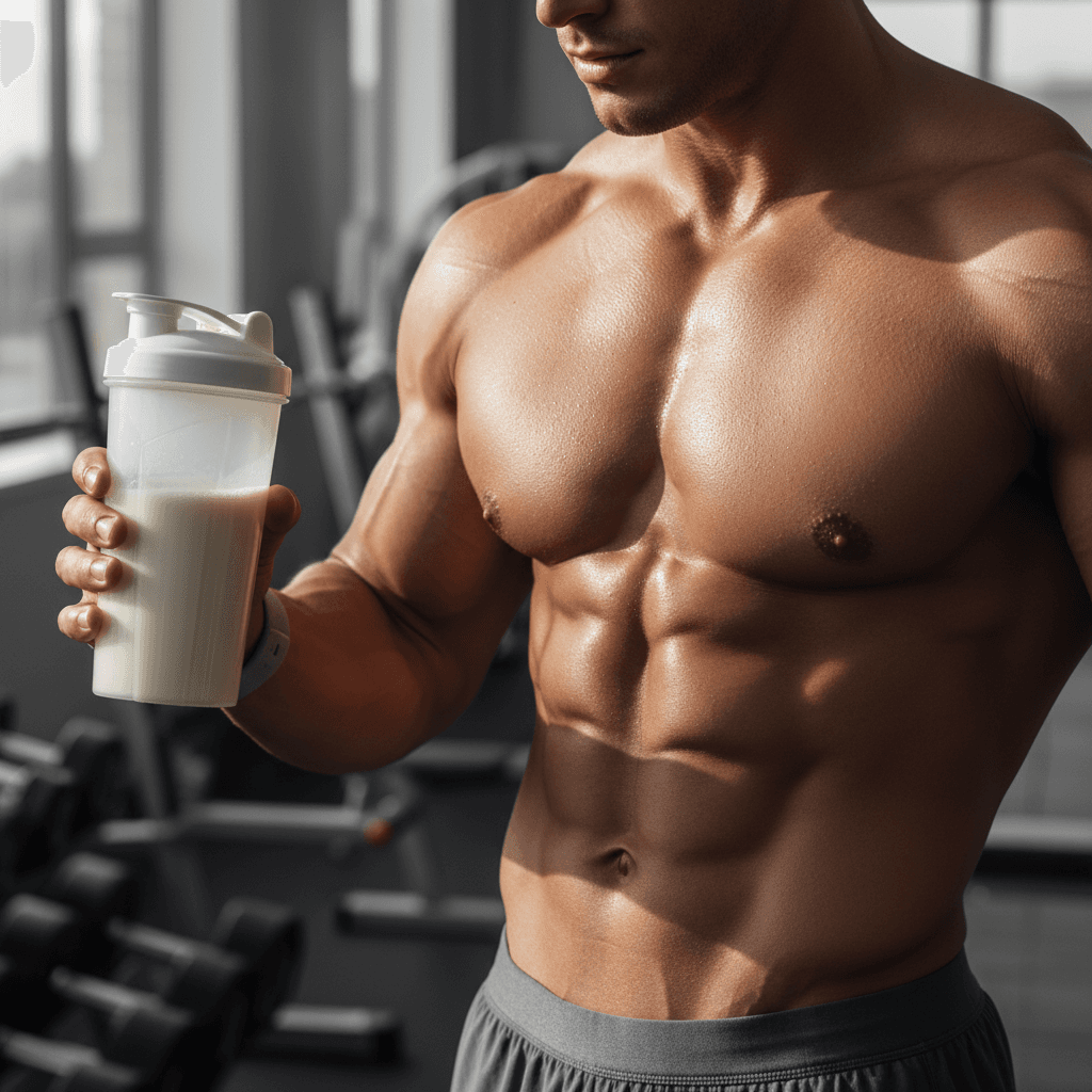 Muscular athlete holding protein shake in transparent shaker bottle in gym setting with natural light