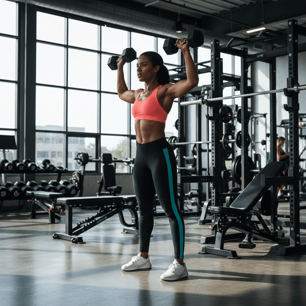 Athletic woman performing dumbbell exercise in modern gym with natural window lighting and professional equipment visible
