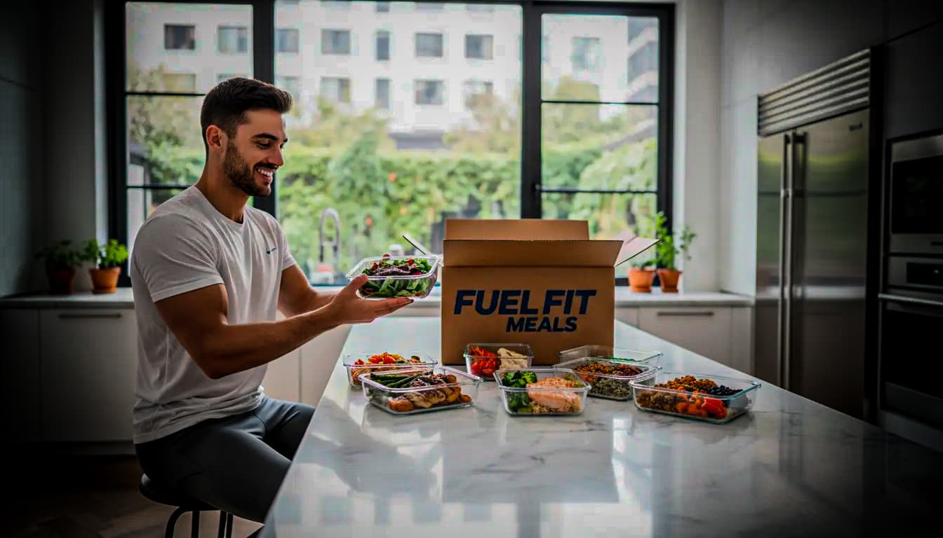 Hombre sonriente sosteniendo ensalada junto a caja de Fuel Fit Meals y platos preparados.