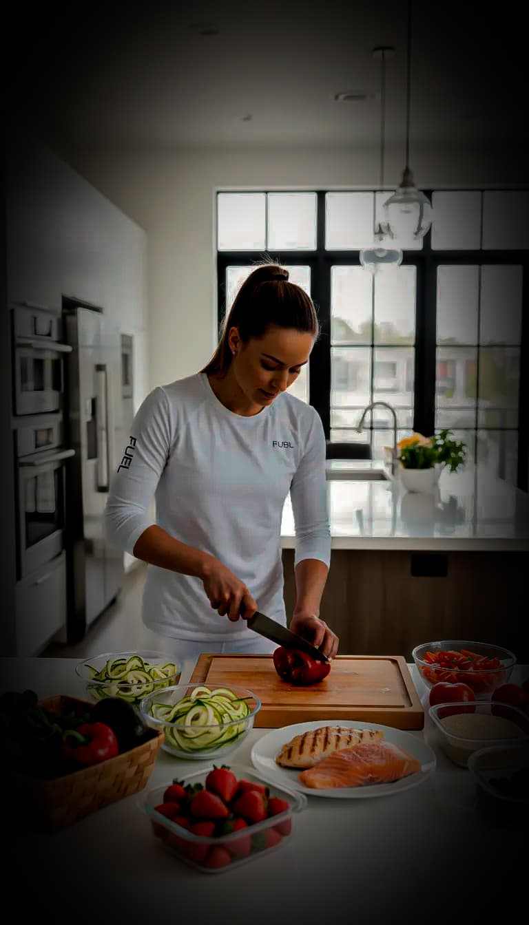Mujer con camiseta blanca cortando un pimiento rojo en una cocina con ingredientes saludables.